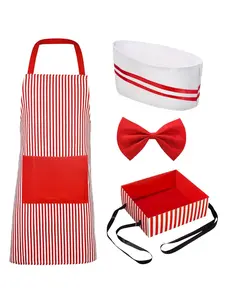 1950s Waiter Costume Kit Soda Jerk Outfit Red White Striped Apron Chef Hat Bow Tie Snack Tray for Halloween Waitress Cosplay