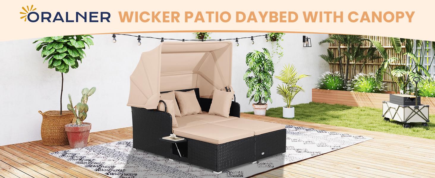 COSTWAY Outdoor Daybed, 2-Person Wicker Chaise Lounge with Retractable Canopy, Cushions & Pillows, 2 Side Trays, Patio Double Sofa PE Rattan Sunbed Lounger for Deck Poolside Garden Balcony