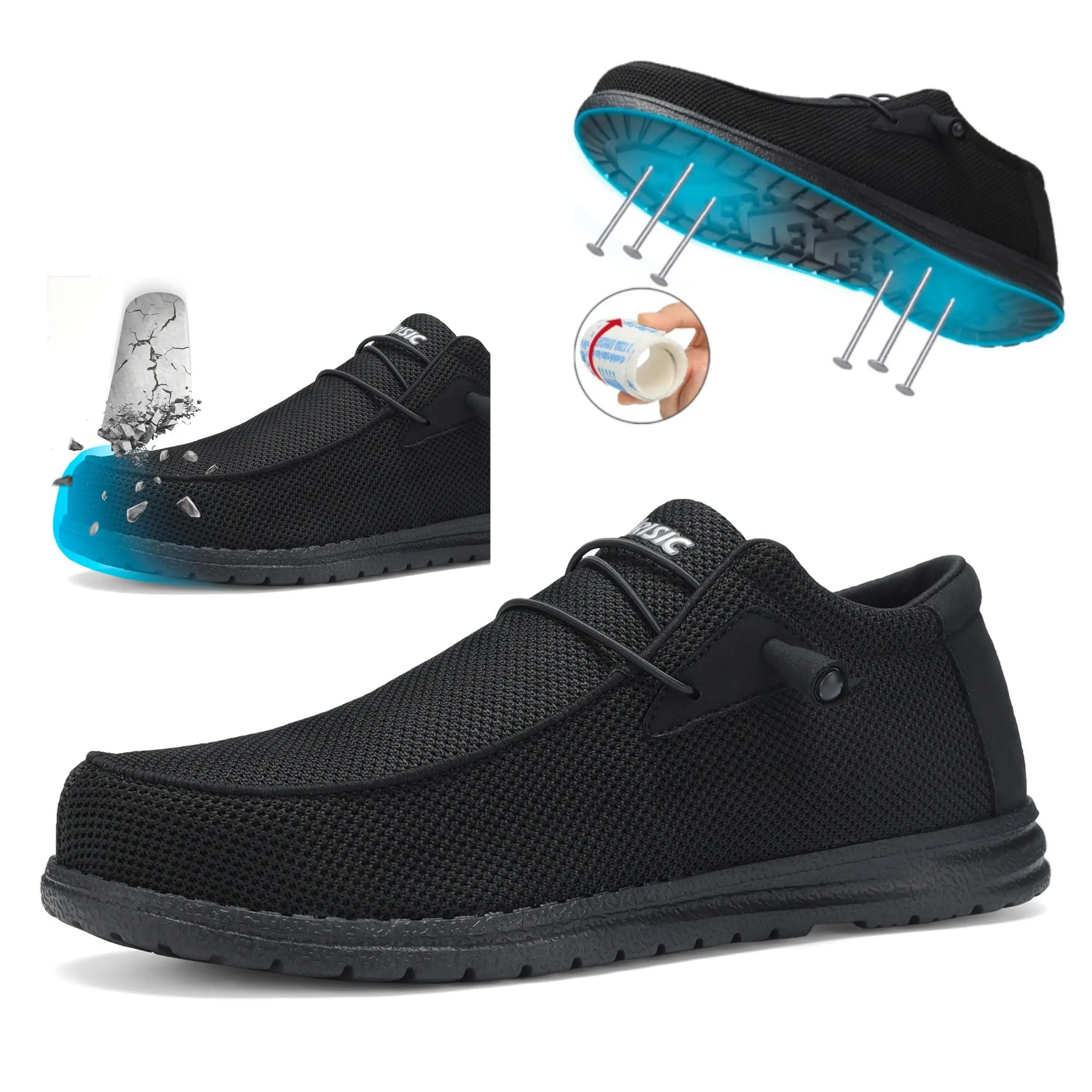 steel toe shoes Footwear Men's Lightweight Slip-On Steel Toe Sneakers – Puncture-Resistant Work Safety Shoes, Comfortable Superfine Fiber Loafers, Bla