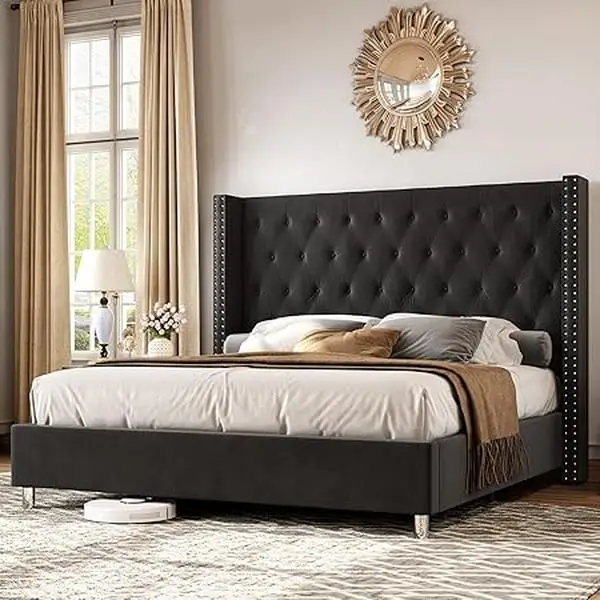 [Restock Sale] AMERLIFE Bed Frame with Wingback Headboard, Upholstered Velvet Bed with Tufted Diamond Button/No Box Spring Needed/Easy Assembly/Christ