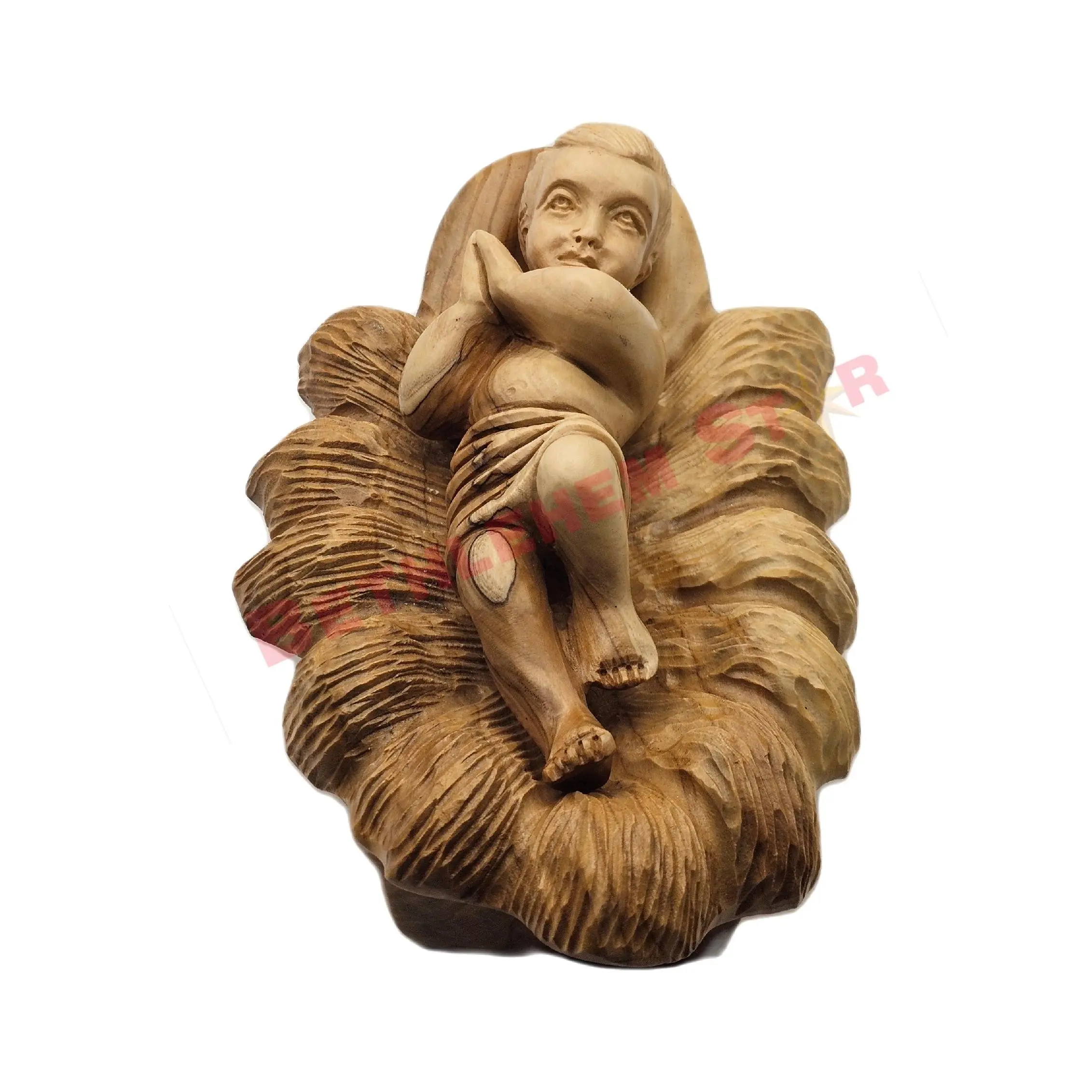 Olive wood hand carved 8" Baby Jesus in Manger