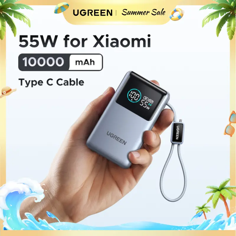 UGREEN Nexode Pro Power Bank 10,000mAh 45W, Compact Portable Charger, Built-in USB-C Cable, PD Super Fast Charging Battery Pack with Digital Display for iPhone 17/16 Pro Max Air/Galaxy S26 Ultra Blue,Summer Sale