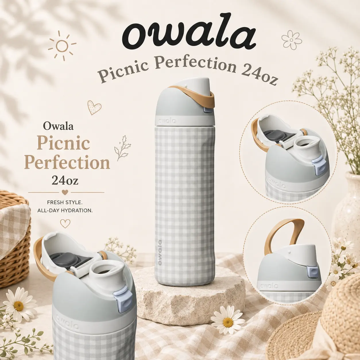 Owala Picnic Perfection 24oz Gingham FreeSip Water Bottle | Owala Gingham, Checkered Insulated Stainless Steel Bottle with Built-In Straw for School, Travel & Everyday Hydration