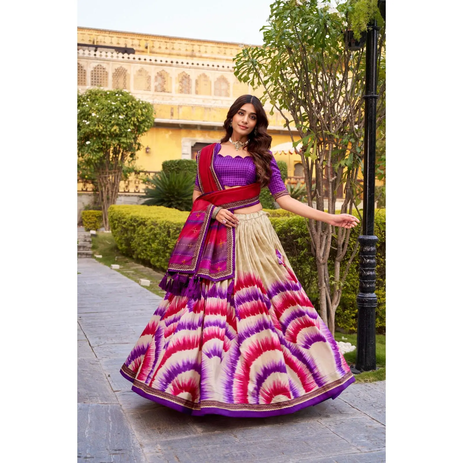 Women's Tasar Silk Lehenga Choli 3-Piece Set - Festive Tie-Dye Printed, Lace Border, Tassels, Drawstring, Zip, Supports Waist, Unstitched Blouse Piece