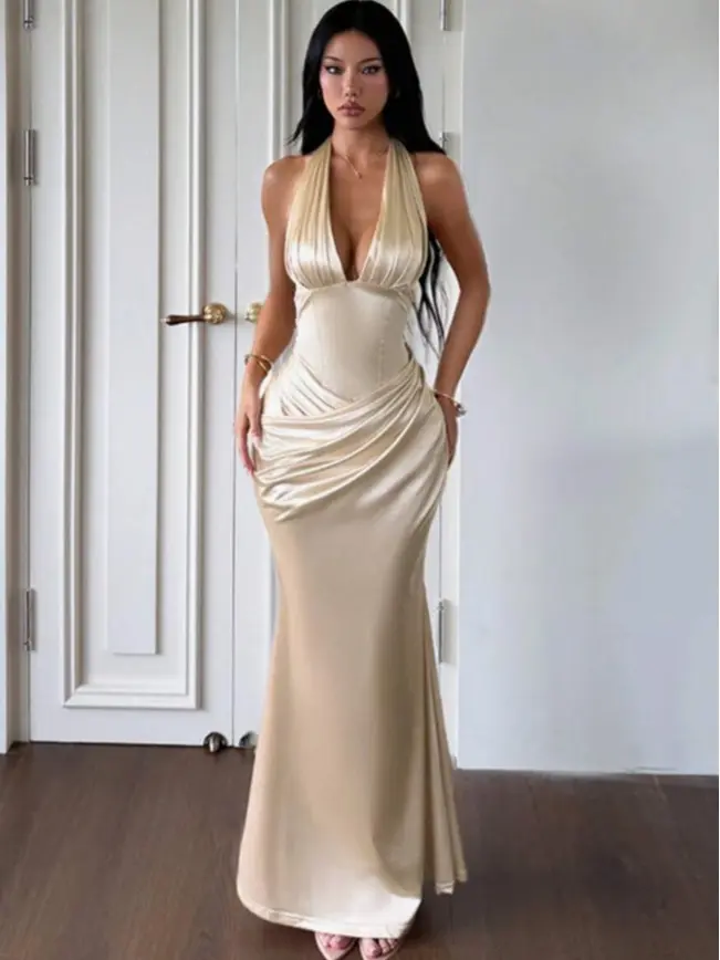 Summer Dress, Stylish Champagne-Colored V-Neck Pleated Halter-Neck Dress For Ladies Party Wedding Fall