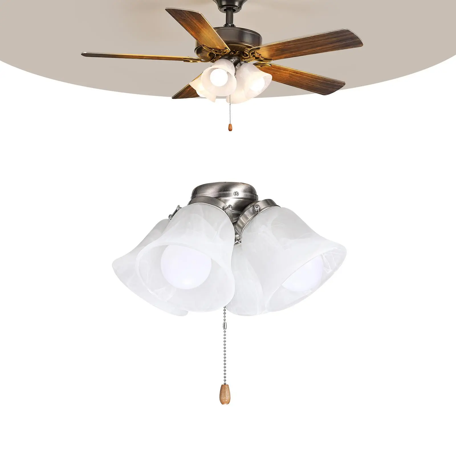 【Backtoschool】VEVOR Ceiling Fan Light Kit, Four-Light 3000K 750lm Fan Light Kit with Pull Chain, Replacement Light Fixture for Living Room, Bedroom, Home Decor, Cloud White Glass Shade Brushed Nickel, Floral Shape