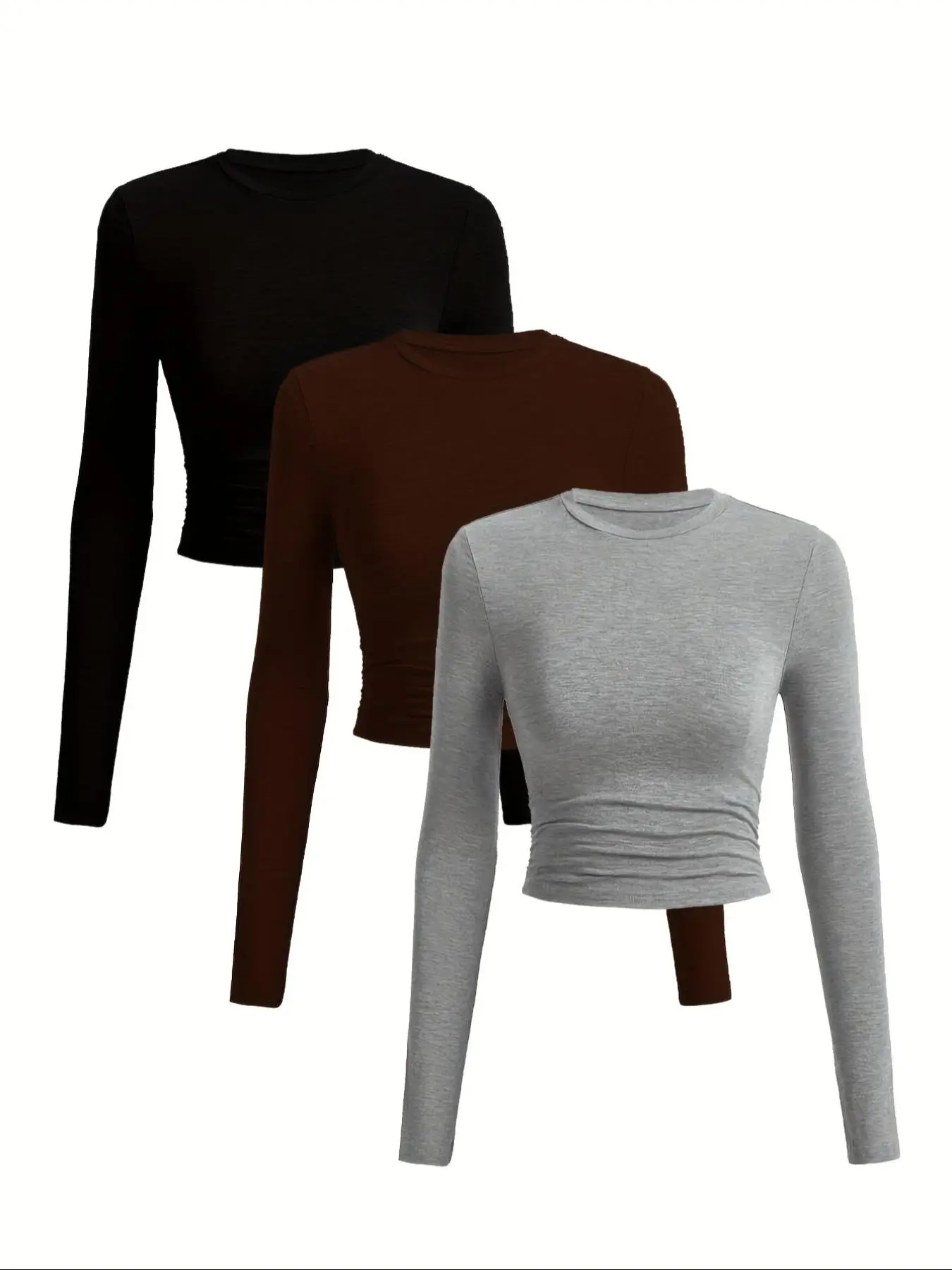 Women's Autumn Winter Casual Slim-Fit Knitted Long Sleeve T-Shirt Set, Side Ruched Design, Three-Piece Fashion Top for Daily Wear