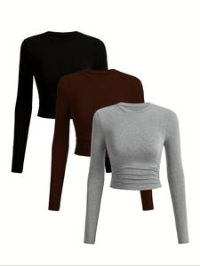 women's basic solid ruched long sleeve slim tee, casual comfort round neck t-shirt for spring & fall, women's clothes, women's tops