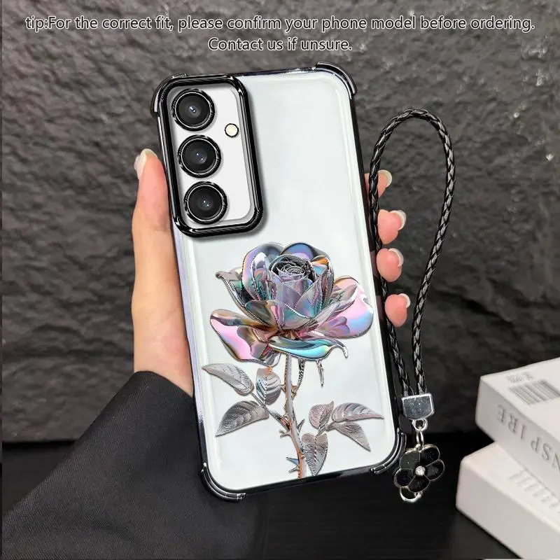 Suitable for [Galaxy S24] high-end women's phone case🥰，a beautiful four-leaf clover lanyard is included🍀，electroplated Four-Corner Shockproof phone casesophisticated, minimalist rose pattern YM99