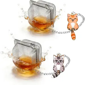 Cat Tea Infuser Set, 2PCS Cubic Loose Leaf Tea Steeper Reusable Stainless Steel Mesh Bags, Cute Tea Strainer with Waving-Tail Cat Charms (Orange Tabby & Silver Tabby)