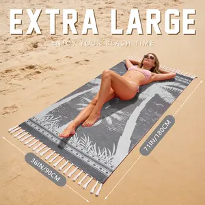 71"x36" Extra Large Grey Palm Tree Sand-Free Beach Towel, Quick Dry Soft Oversized Turkish Towel with Tassels for Beach Pool Travel