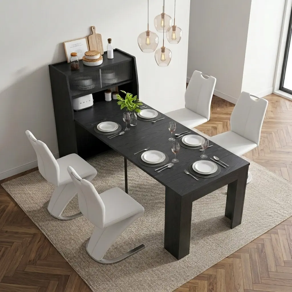 HIPIHOM Modern Folding Dining Table Set with Storage Cabinet & Cantilever Chairs - Space-Saving Expandable Design, Fluted Glass Display Storage, Black Wood Grain Style, Ergonomic Soft Cushion Seating & Sleek Metal Details for Modern Homes