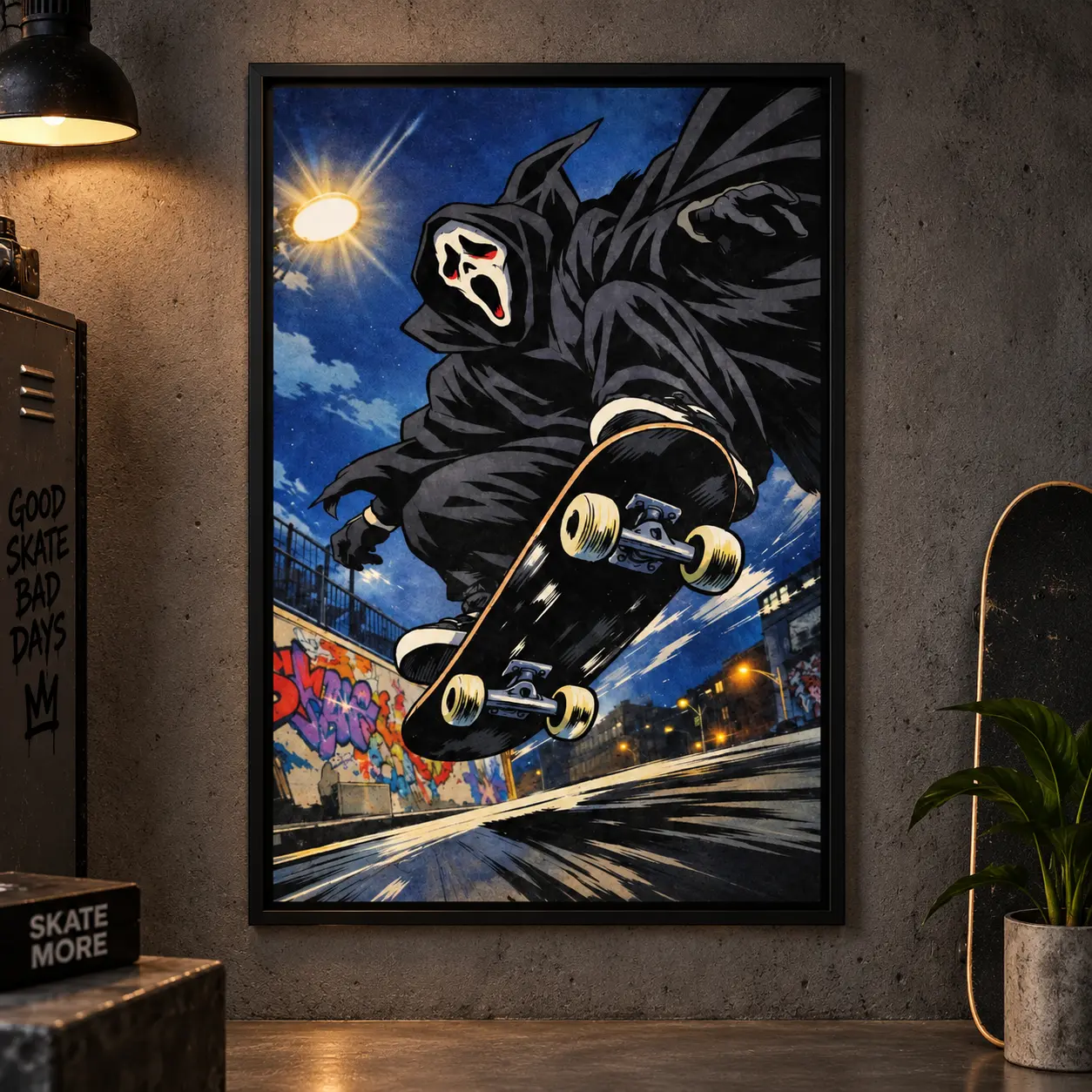Ghostface Skateboarding Canvas Wall Art, Scream Horror Movie Street Graffiti Poster, Gothic Skate Room Decor Print for Bedroom Man Cave