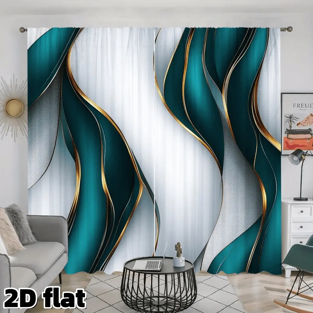2D Flat 2Pcs Luxury Abstract Wave Pattern Curtains Emerald Green Gold Lines Design Semi Sheer Polyester Rod Pocket Drapes Modern Art Style Window Treatment for Living Room Bedroom Hotel Office Dining Home Decor Privacy Protection