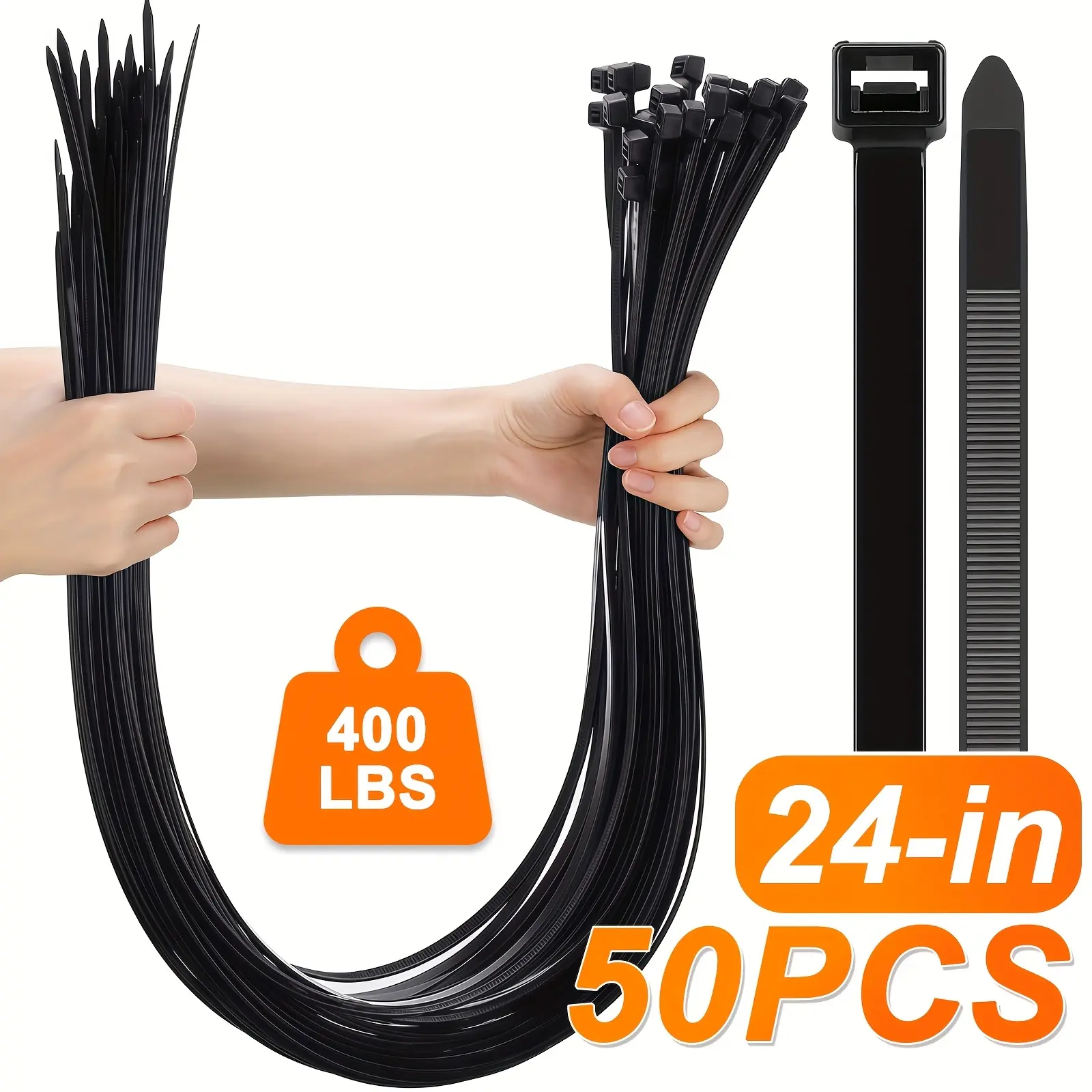 Cable Ties 24 Inch Heavy Duty Zip Ties with 400 Pounds Tensile Strength for Multi-Purpose Use, Self-Locking UV Resistant Nylon Tie Wraps, Indoor and Outdoor Tie Wire.50 Pcs Black