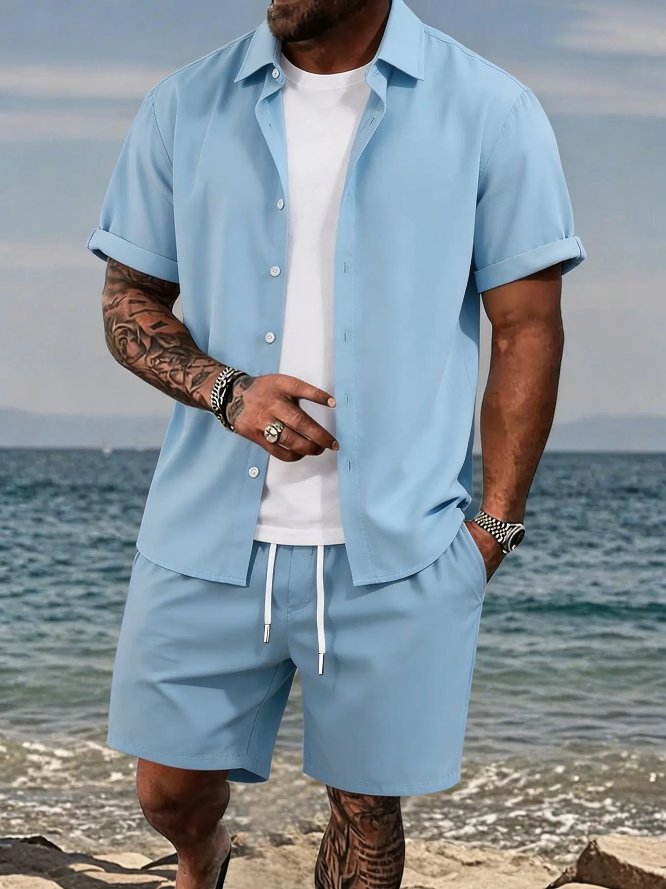 Men's Solid Color Shirt and Drawstring Shorts Set, Comfortable Breathable Two-Piece, Ideal for Daily Outdoor Wear, Summer Men's Clothing