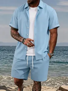 Men's Solid Color Shirt and Drawstring Shorts Set, Comfortable Breathable Two-Piece, Ideal for Daily Outdoor Wear, Summer Men's Clothing