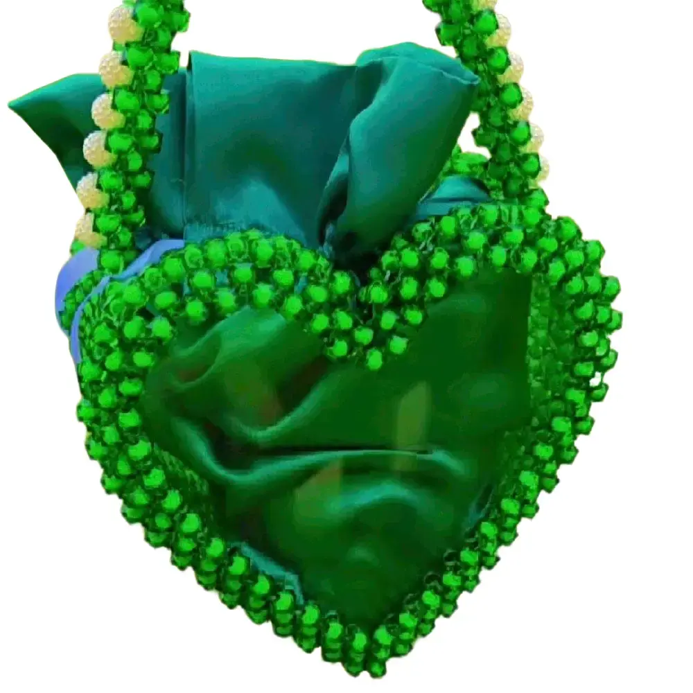 Green Heart Beaded Bag with Elegant Beadwork and Satin Finish for Stylish Accessory