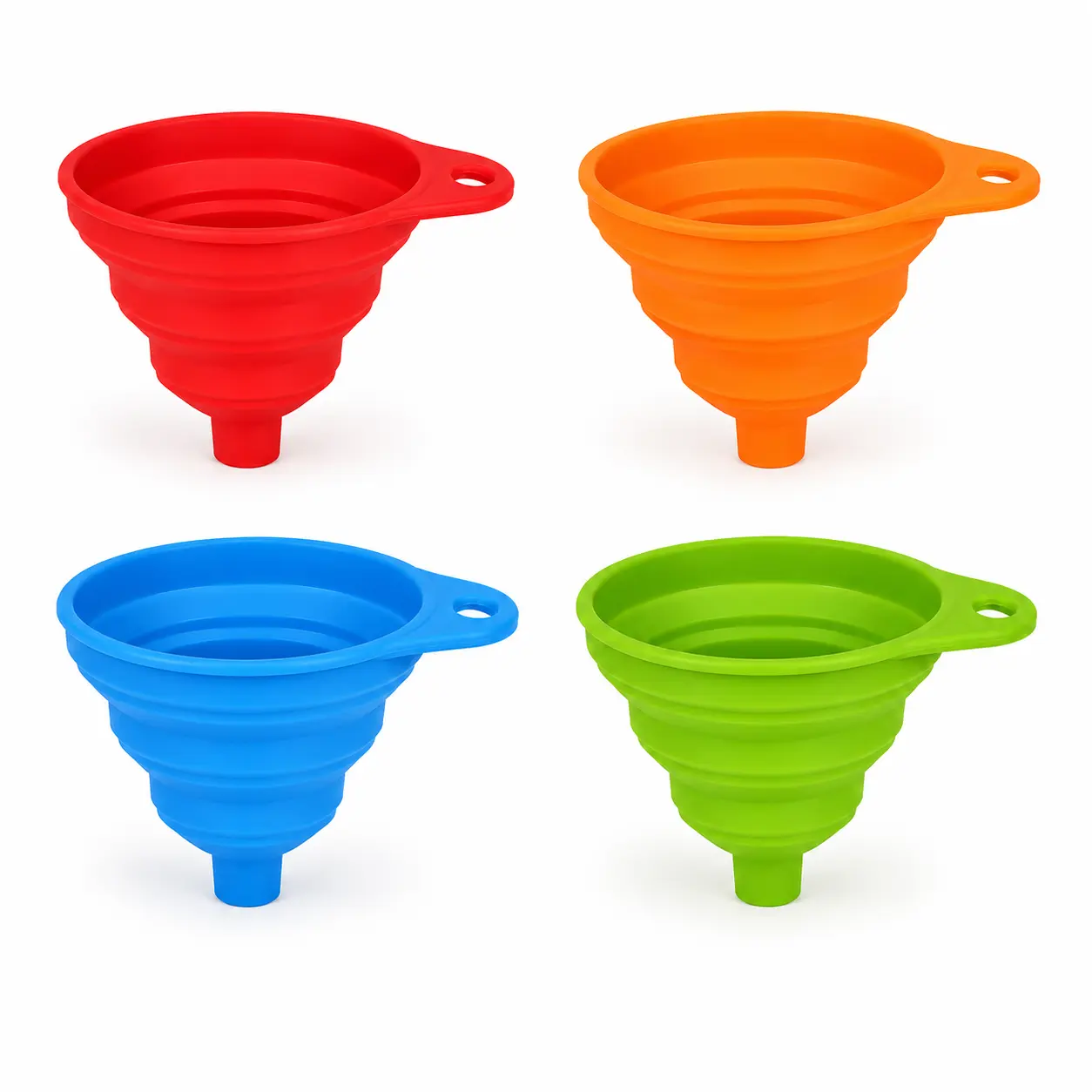 4-Pack Collapsible Silicone Funnels Set – Food Grade, Space-Saving, Heat Resistant Kitchen Funnel for Bottles, Jars & Liquids (Red/Green/Orange/Blue)