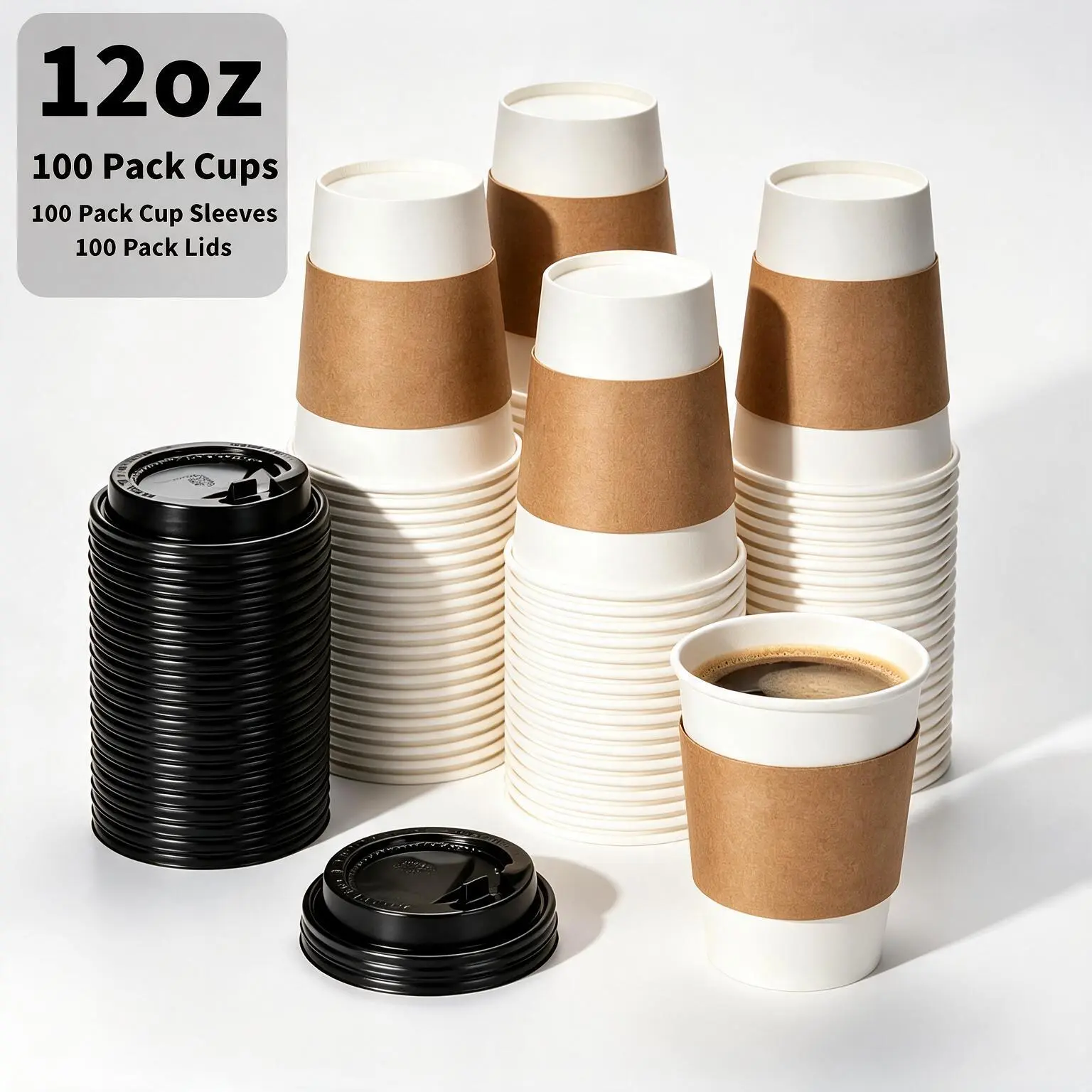 100 Pack 12oz White Disposable Paper Coffee Cups With Lids And Insulating Sleeves Perfect For Coffee Shops Parties Picnics Travel And Catering Events Daily Household And Commercial Use Heat Resistant Leak Proof Eco Friendly Drinkware For Hot Cold Beverage