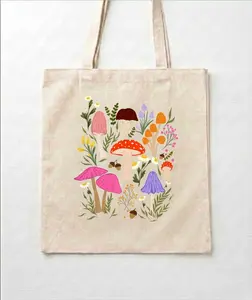 [Ship From US] - Aesthetic Canvas Tote Bag Mushroom Print Cute Everyday Shoulder Bag