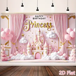 Pink birthday celebration background fabric, princess-themed party balloon castle pattern background fabric, birthday party decoration, baby party photography supplies, birthday party banner tapestry funny room tapestry durable man