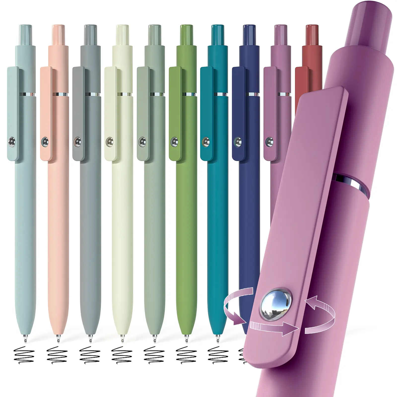 OMEYA 5/10 Pcs Gel Pens, 0.5mm Fine Point Retractable Pens, Quick-Dry Smudge-Proof Black Ink, Aesthetic Pens with 360° Fidget Roller Clip, Morandi & Vintage Colors for Note Taking, Journaling, Students, Nurses, School & Office