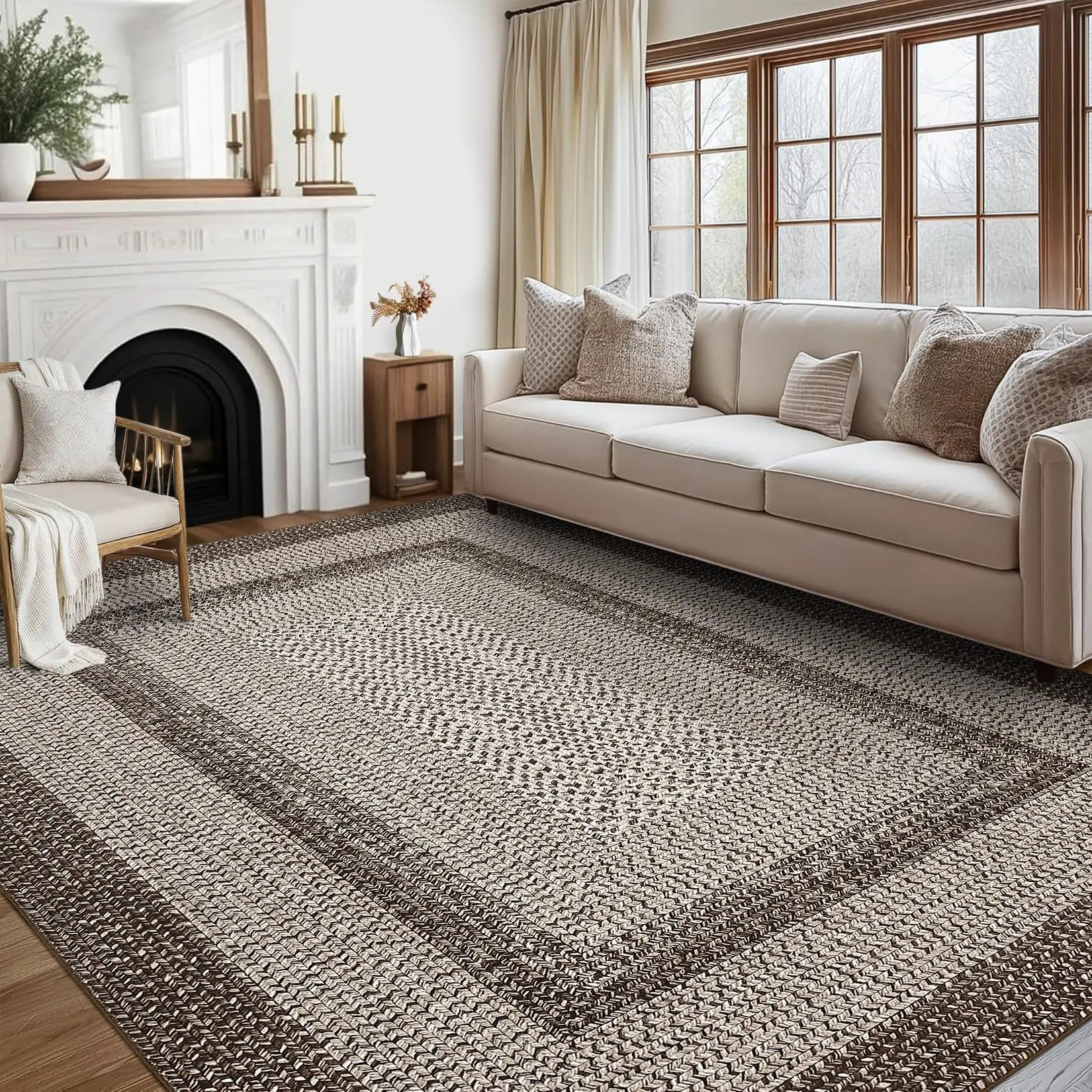 GARVEE 10x13 Area Rug Braided Printed for Living Room and Bedroom, Non-Slip Stain-Resistant Printed Rug,Machine Washable Large Carpet for Hallway, Kitchen (Mocha)