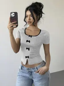 Back-To-School Campus Style Elegant Bow Tie Short Sleeve T-Shirt, Women's Preppy Fashion Tee, Casual Summer Top for Students