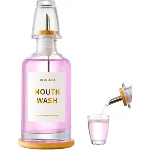 Glass Mouthwash Dispenser for Bathroom, 11.8oz Mouthwash Holder with Stianless Steel Spouts, Mouthwash Decanter with  Holder, Refillable Cups,  Funnel, Golden Stickers