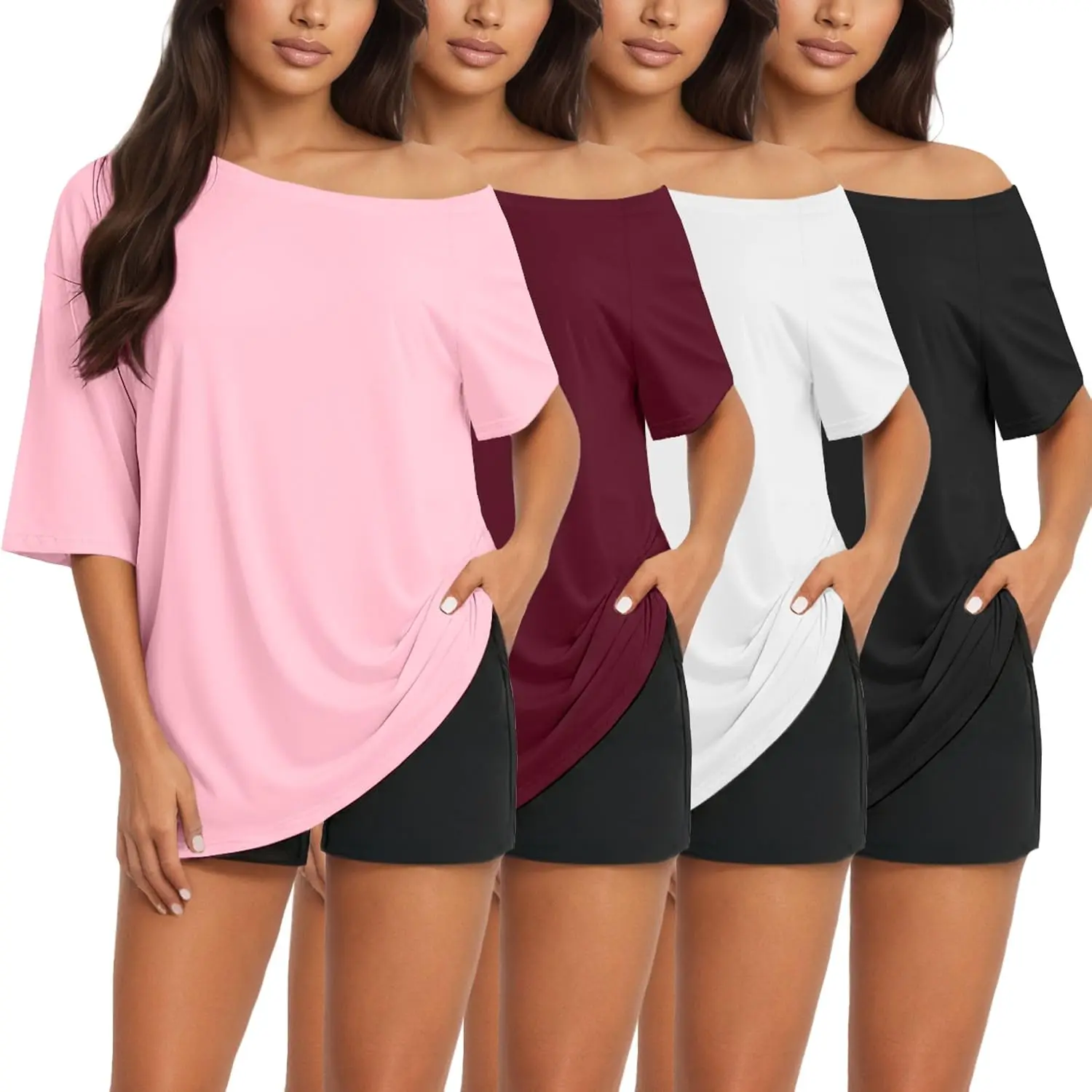 4 Pack Off the Shoulder Tops Oversized Summer Tshirts for Women |   Short Sleeve, Basic Fashion Clothes, Soft Workout Gym Tees, Casual y2k Going Out Tops, Flowy Baggy Shirts, 2026