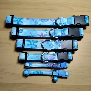 Holiday Christmas Glitter Snowflakes on Blue Cat Collar and Dog Collar