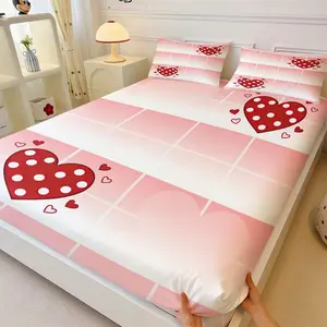 Valentine'S Day Themed Sweet Pink Gradient Plaid Pattern Bedding Set, 3-Piece Set With Red Polka Dot Heart-shaped Print Fitted Sheet Set, Perfect for A Romantic Girl'S Bedroom Decor. Includes 1 Fitted Sheet and 2 Pillowcases.
