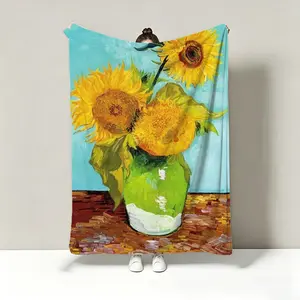 Flannel printed cotton silk texture Van Gogh Sunflowers painting grid popular office nap small blanket shawl sofa throw air conditioning blanket plush children's small blanket customizable