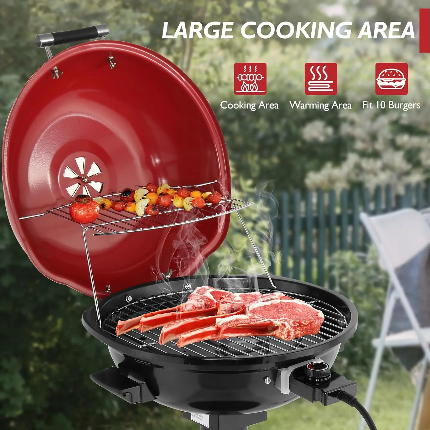 1600W Electric Tabletop Grill - Portable Barbecue with Removable Stand, Double Layer Design, Adjustable Temperature Controls for Indoor, Patio Use (Red)