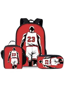 Basketball element pattern printed 17-inch backpack three-piece set (single-layer backpack + shoulder strap lunch bag + single-layer pencil bag)