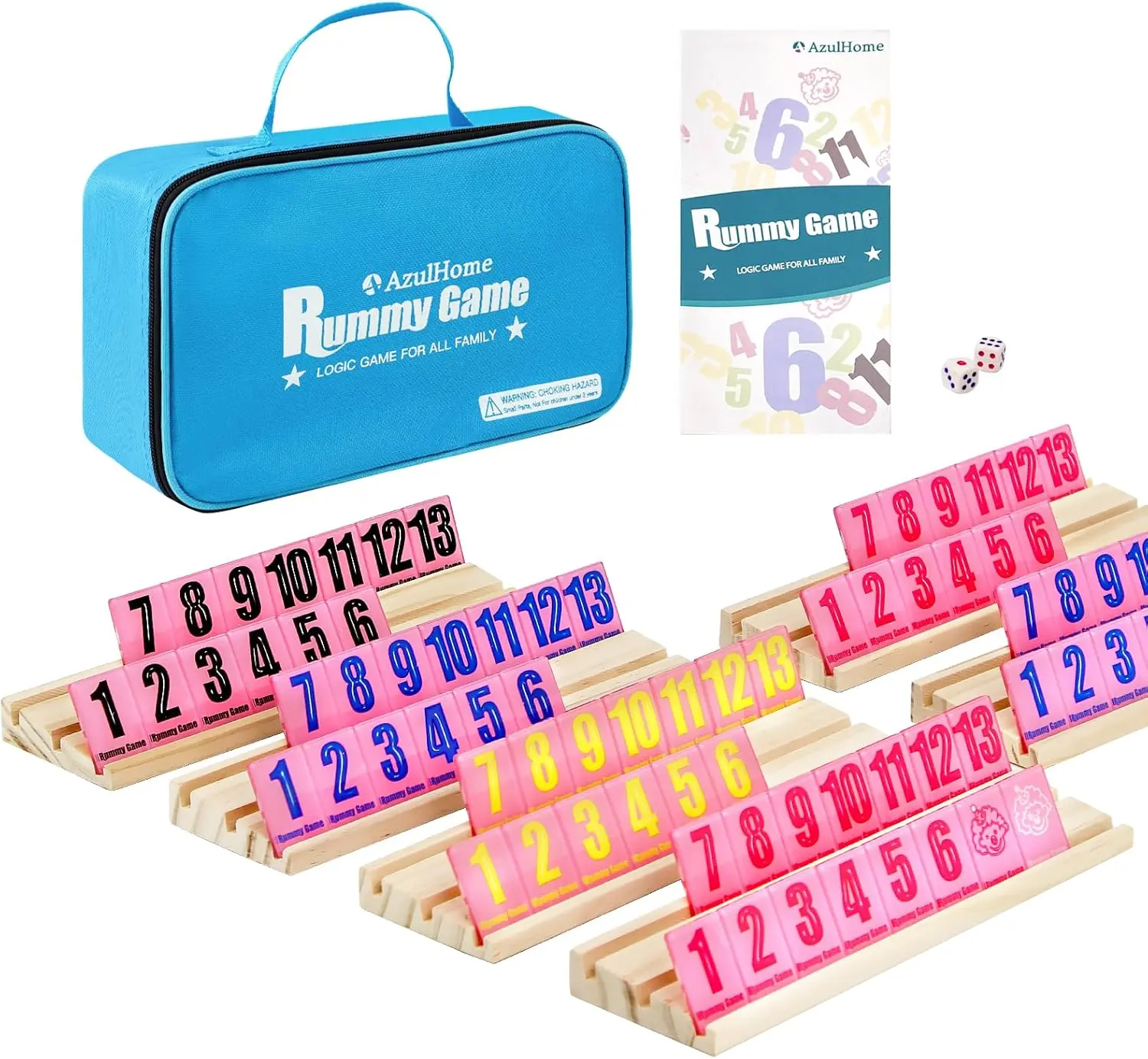 AzulHome 6-Player Rummy Cube Set for 12+ Years - 6 Wooden Racks, 160 Acrylic Tiles, 1.5 Rummy Version, Travel Size Bag (Easy Portability), Large Number Tiles, Family Gatherings Pick for Game Enthusiasts (Enhances Gameplay, Pink)