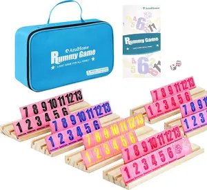 AzulHome Rummy Cube 6 Player Edition with 6 Wooden Racks 160 Acrylic Tiles 1.5 Rummy Game with Bag Travel Size Large Number Tiles Set for Family Classic Board Games Pink