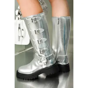 Dayton Square Toe Buckle Calf Length Boots - Silver