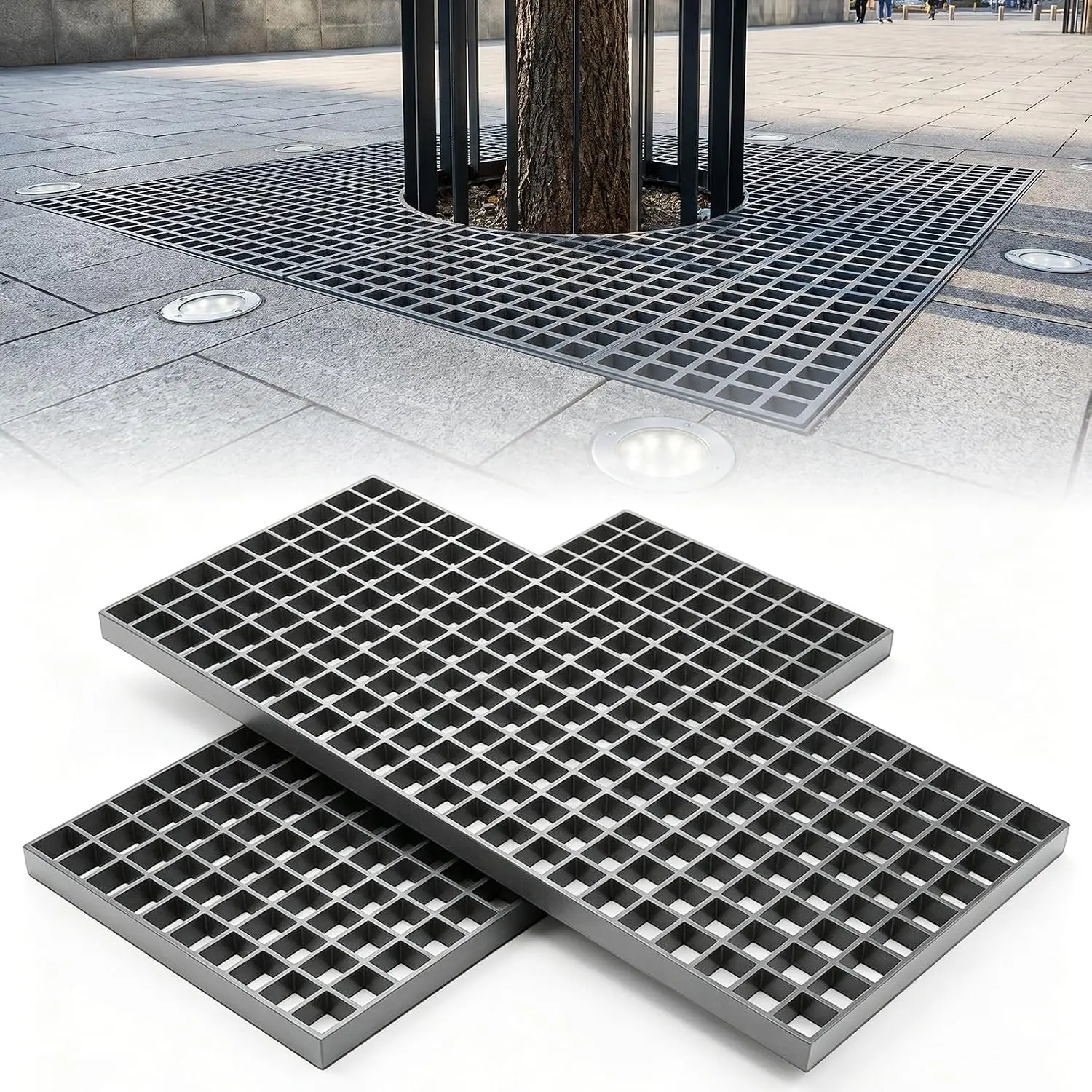2-Pack FRP Grating, 4ft x 2ft (48x23x1.2in) Grey Fiberglass Molded Grating with Concave Surface, Heavy-Duty Non-Slip 1.5x1.5in Openings Bar Grille Plate for Car Wash Decks