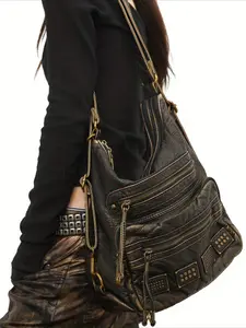 Retro style women's fashionable shoulder bag, multi pocket crossbody bag - large capacity, multifunctional shoulder bag, adjustable shoulder strap, zipper closure, solid color, synthetic leather - very suitable for daily use