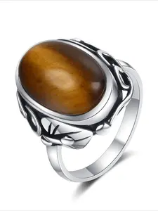 Vintage Natural Stone Ring for Women Men Labradorite Tiger Eye Silver Rings Retro Unisex Statement Jewelry Anniversary Gifts Natural Gemstone Ring