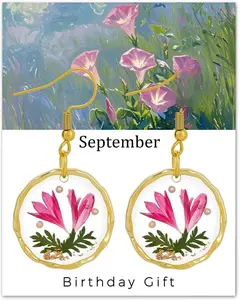 Birth Flower Earrings for Women Handmade Month Real Pressed Earrings Unique Resin Dangle Plant Earrings Dry Flowers Great Present For Birthday,Party, Christmas