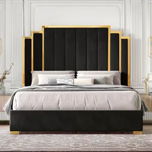VanAcc Bed Frame and 65" Headboard, Upholstered Bed with Golden Plating Trim, Modern Platform Bed No Box Spring Needed/Christmas Gift