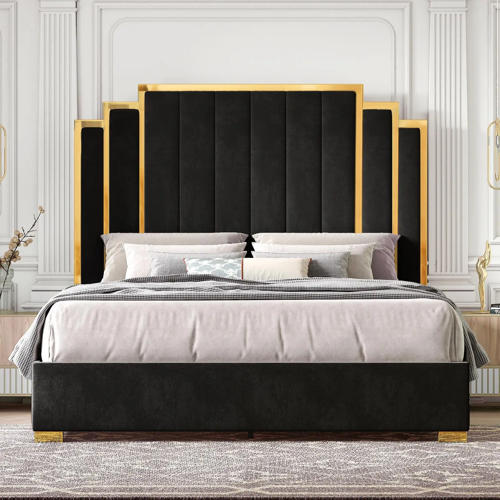 [Restock Sale]VanAcc Bed Frame and 65" Headboard, Upholstered Bed with Golden Plating Trim, Modern Platform Bed No Box Spring Needed/Christmas Gift