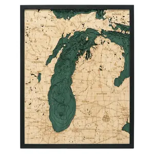 Lake Michigan Wood Carved Topographic Depth Chart / Map