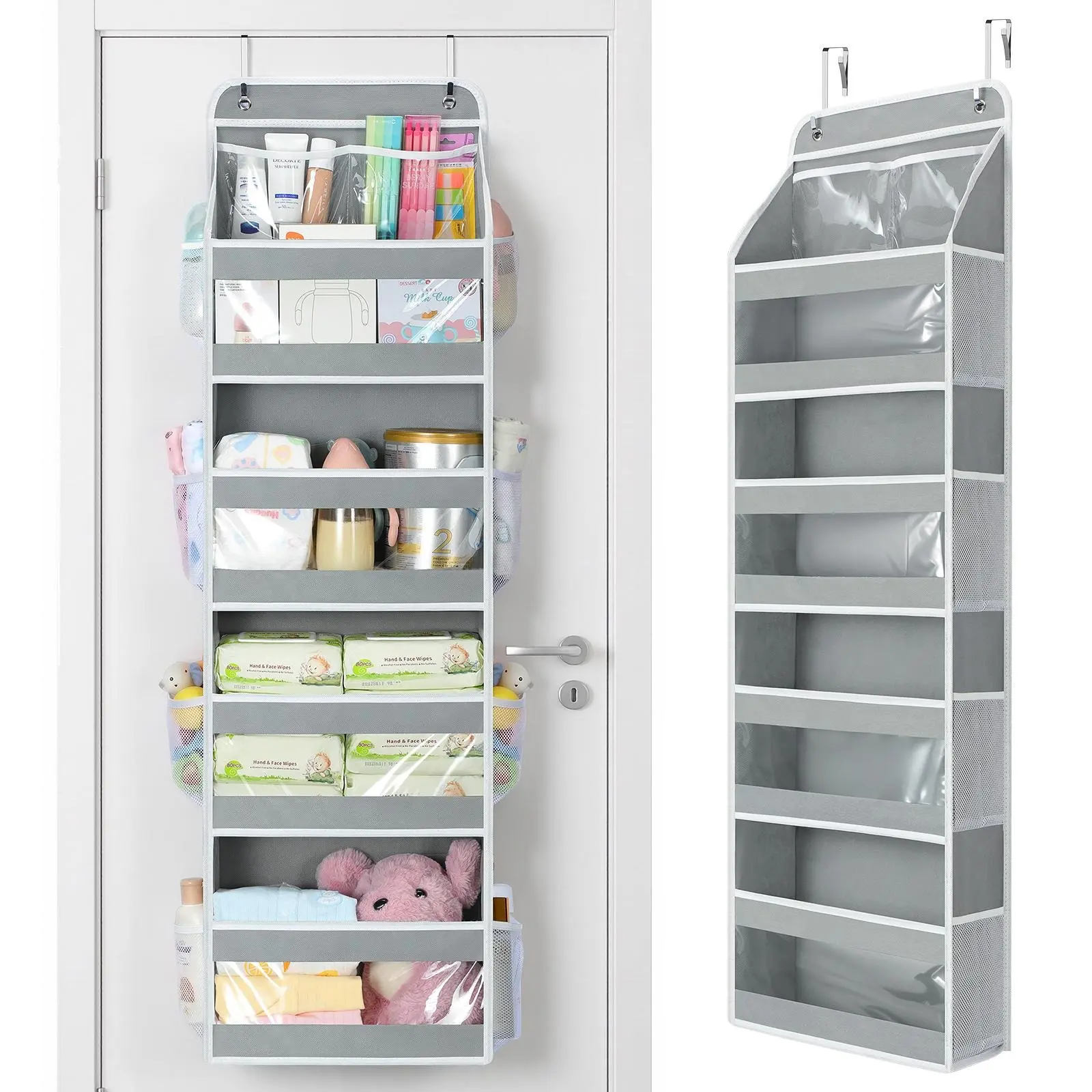 YECAYE 4 Tier Over the Door Organizer, Swing-proof Door Organizer Hanging with Clear PVC Windows, Behind the Door Storage Space Saver for Bedroom Nursery Closet Laundry Pantry Bathroom, Grey