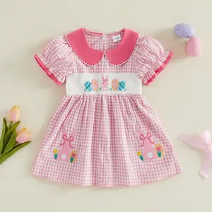 Toddler Girls Easter Dress Rabbit Easter Eggs Embroidered Doll Collar Short Sleeve Summer Casual Dress Baby Plaid Dress