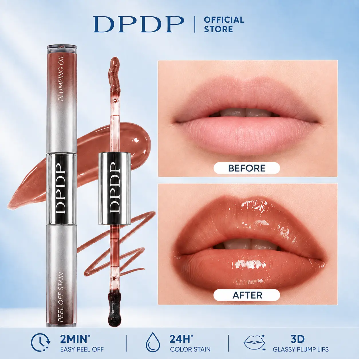 DPDP 2-in-1 Pigmented Easy Peeling Lip Liner Stain & Plumping Gloss Duo, Makeup Cosmetic with Long-Lasting Transfer-Resistant Stain, Hydrating Glossy Finish, Moisturizer