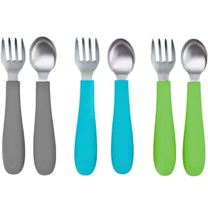 WeeSprout Toddler Utensils, 3 Forks & 3 Spoons, 18/8 Stainless Steel & Food Grade Silicone